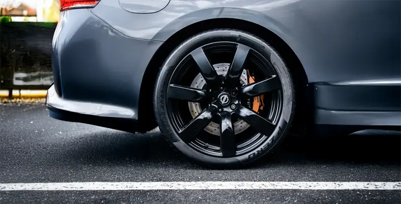 Close-up of a Nissan sports car wheel