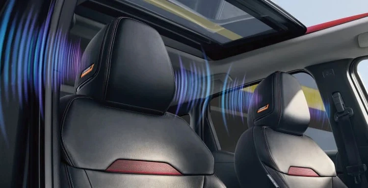 Nissan Kicks front seat headrest housing the Bose UltraNearField speakers